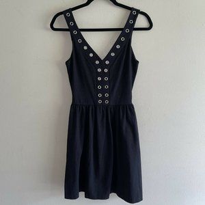 Aqua Fit Flare Knit Mini Dress Oversized XS Silver Rings Grommets V Neck Black